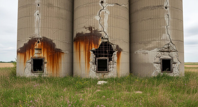 Abandoned concrete silos with rusty metal openings in a rural landscape