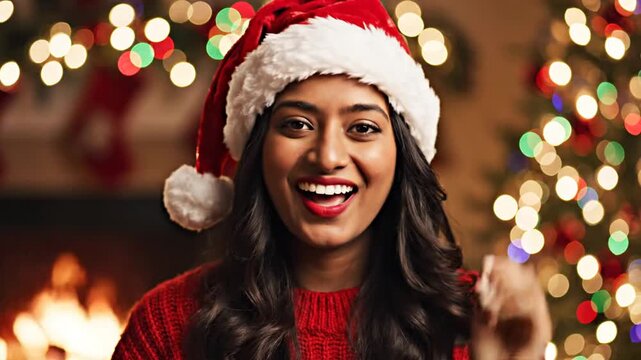 Smiling Indian woman wearing Santa hat by Christmas tree