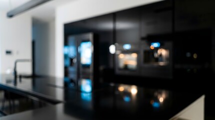 Fototapeta premium Modern black kitchen interior with blurred background, luxury dark minimalist kitchen design, sleek contemporary home appliances and cabinets