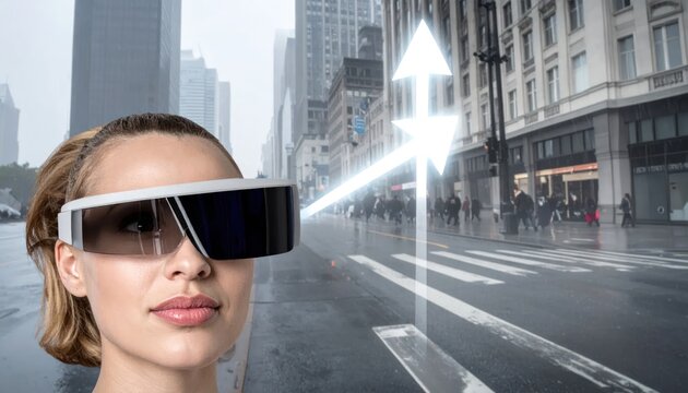 Woman Wearing Augmented Reality Glasses Navigating a Futuristic Cityscape with Digital Arrows.