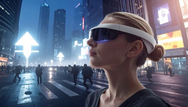 Woman Wearing Futuristic Augmented Reality Glasses in a Neon-Lit Cityscape.