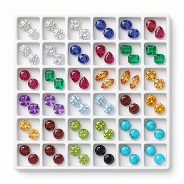 Assorted Loose Gemstones Organized Luxuriously with Vibrant Colors on a Clean White Background in a Polished Grid Tray for Jewelry Design.
