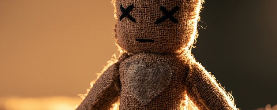Handmade burlap voodoo doll with stitched heart and cross eyes in warm lighting