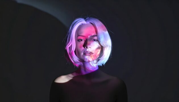Womans Face Illuminated by Abstract Colorful Light Projections.