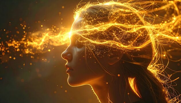 Womans Head Exploding with Golden Energy and Light.