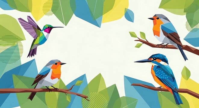 Colorful birds perched on branches with green foliage background illustration