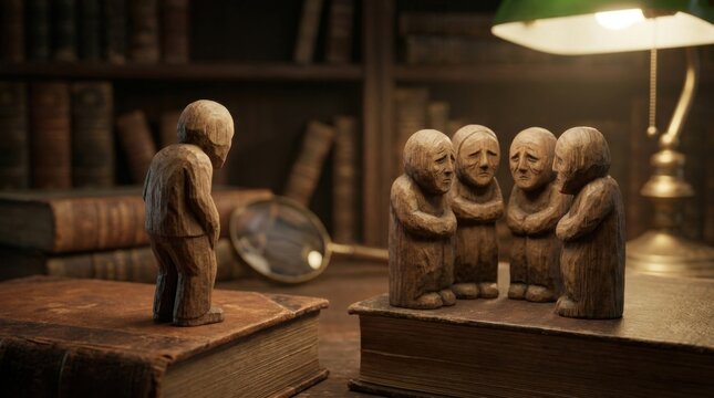 Hand carved wooden figurines on old books representing hikikomori isolation and social anxiety in a dark library