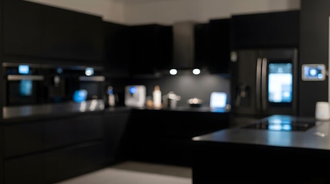 Modern black kitchen interior with smart appliances, luxury dark cabinetry in blurred home background, contemporary minimalist kitchen design