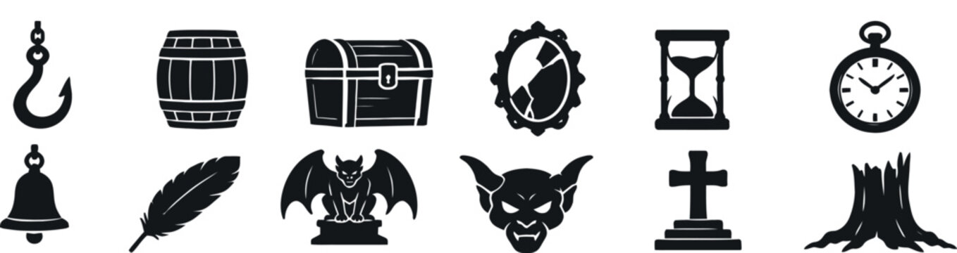 Set of various vintage gothic and mystery themed icons isolated on a white background for graphic design