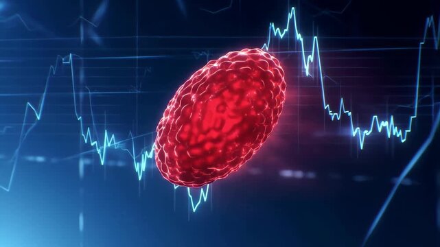Futuristic digital representation of a virus with financial graph background