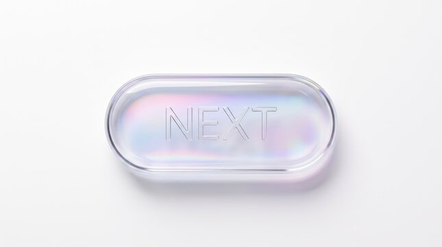 Modern holographic glassmorphism UI button with next text in a sleek frosted glass design style