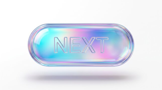Floating holographic glassmorphism UI button with next text and soft shadow on white background