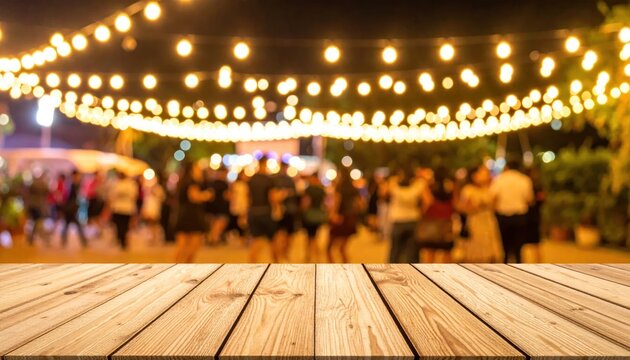Wooden Table Foreground with Blurred Festive Outdoor Evening Gathering Lights.