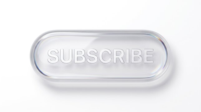 Transparent glass subscribe UI button floating with soft shadow on white background 3d design