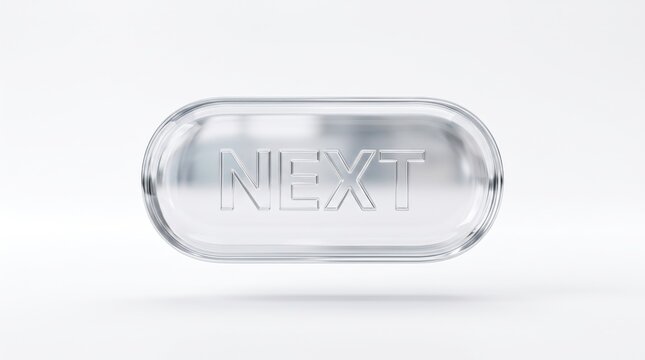 Elegant next navigation UI button made of clear glass floating on white background 3d render