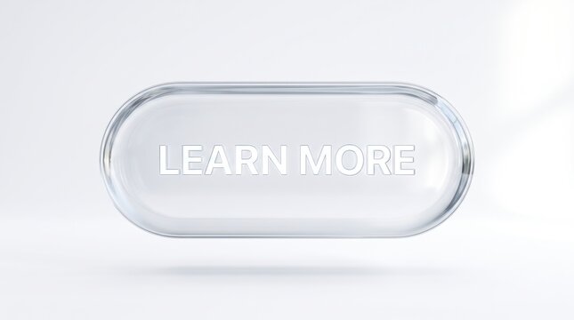 Glass morphism learn more button with embossed text for modern user interface design elements.