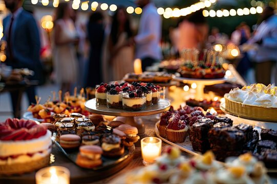 Abundant dessert table laden with colorful pastries, fruits, and tiered treats