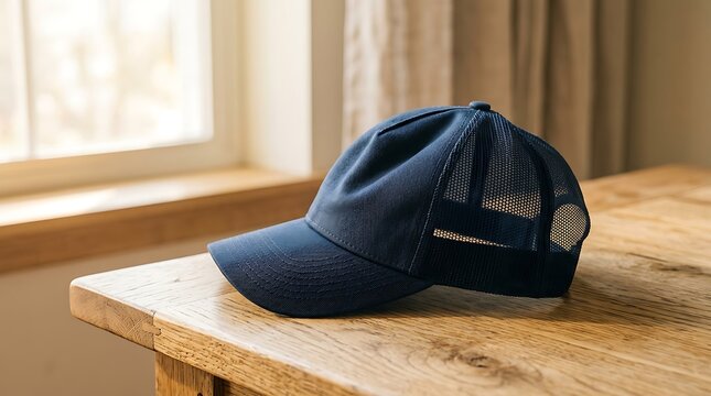 Black baseball cap with mesh back resting on a rustic wooden table by a window. trucker hat mockup