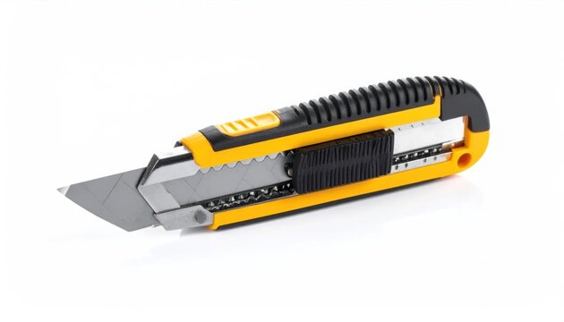 Yellow and Black Utility Knife with Silver Blade on White Background.