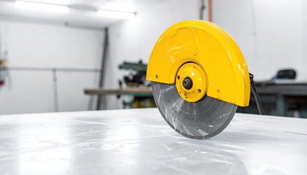 Yellow Circular Saw Blade on a White Surface in a Workshop.