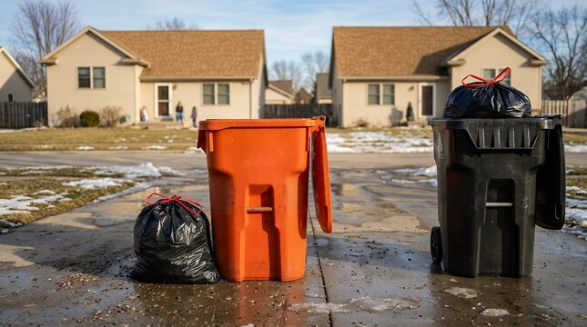 Orange recycling bin and black trash can on driveway, plastic garbage bags on curbside, suburban neighborhood waste management collection