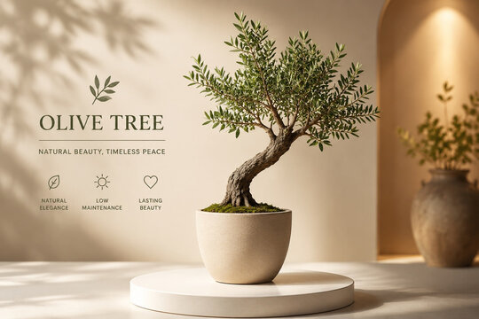 Small olive tree in neutral ceramic pot on white podium, home decor and natural wellness retail banner.