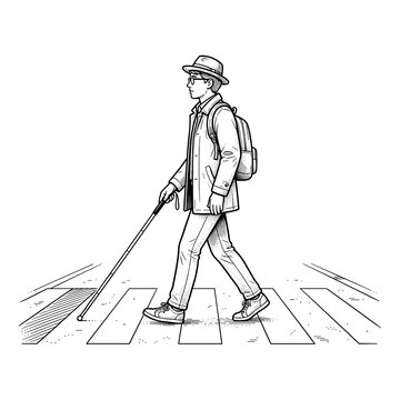 Person with visual impairment crossing street for accessibility blogs safety websites