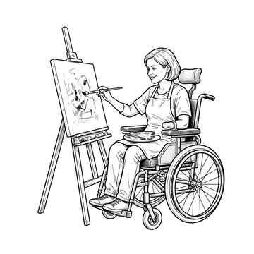 Smiling amputee woman in a wheelchair painting on an easel for art therapy blogs creative inclusivity