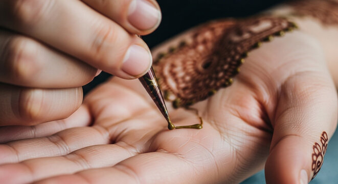 Closeup of a persons hand receiving intricate henna tattoo design on their palm and wrist