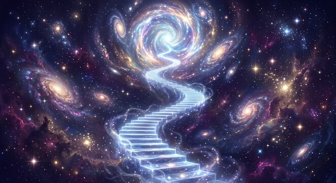A stunning digital artwork depicting a staircase of light winding through the vast cosmos&mdash;filled with stars and brilliant galaxies&mdash;leading to a mysterious swirling portal of light at the galactic cent