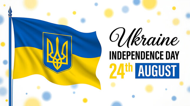 Ukraine Independence Day greeting banner showcasing a waving blue and yellow flag with golden coat of arms.