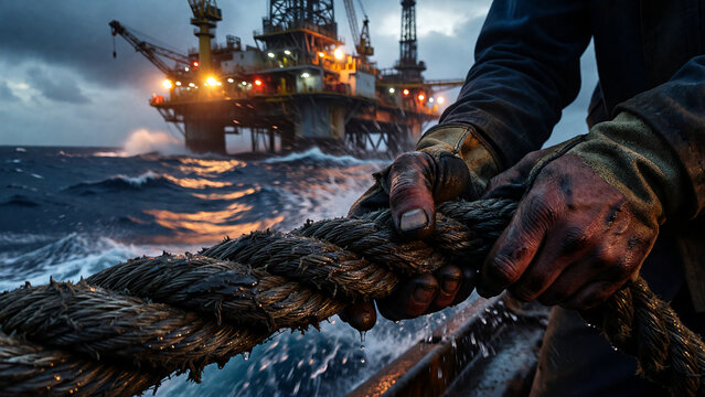 Offshore worker pulling heavy rope on rig platform in open ocean