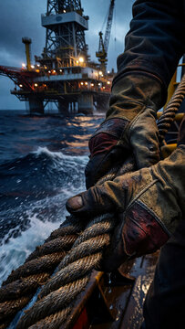Offshore oil rig worker pulls heavy rope on stormy ocean deck at dusk