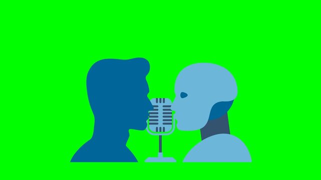 Debate. A human and a robot are talking into a microphone. AI technology. Human and robot conducting discussion on public debates. Artificial intelligence technology. 2d flat animation. Alpha channel