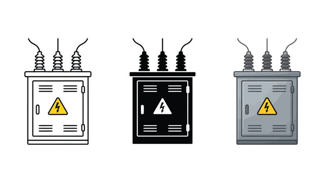 Three different electrical transformers with lightning bolt symbols on transparent background