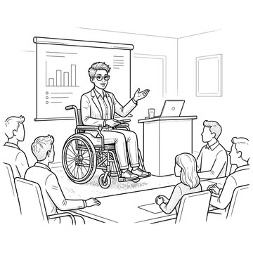 Wheelchair user presenting in conference room for corporate inclusion blogs business websites