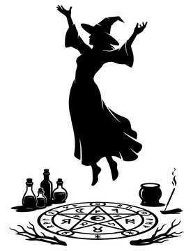 Witch silhouette performing a ritual with magic circle and potions