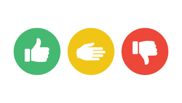 Three colorful thumbs up down and side hand gesture icons