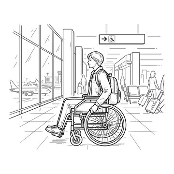 Wheelchair user navigating airport terminal for travel blogs accessibility websites