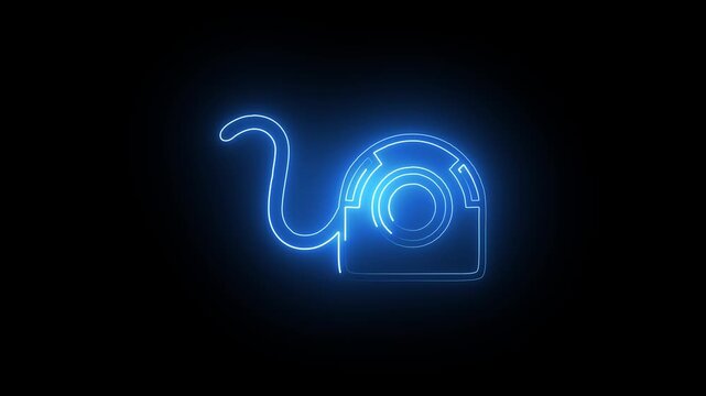 Blue Glowing Neon Computer Webcam Camera Animated Icon Motion Graphics Stock Overlay Isolated Black Background Tech Video Call Streaming Symbol.