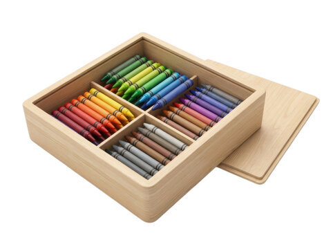 Set of colorful wax crayons arranged in a wooden box for drawing and art projects