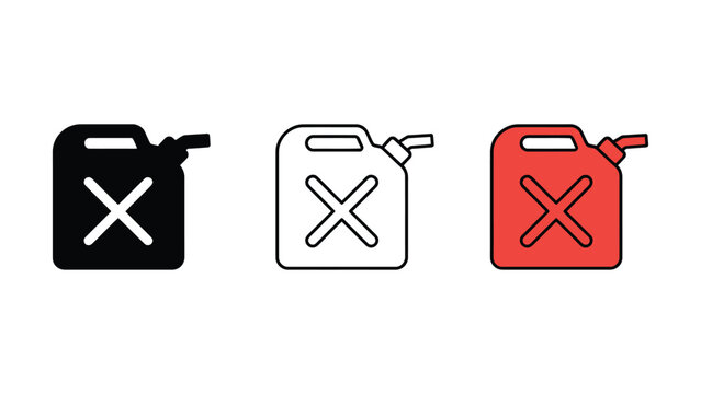 Three gas can icons with prohibition symbol in different colors