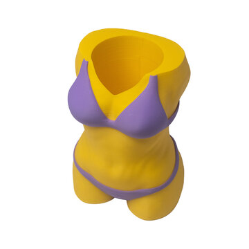 3D printed female body torso vase in bikini, modern plastic decorative plant pot and holder