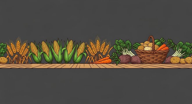 Harvest border featuring fresh autumn vegetables and corn on wooden plank