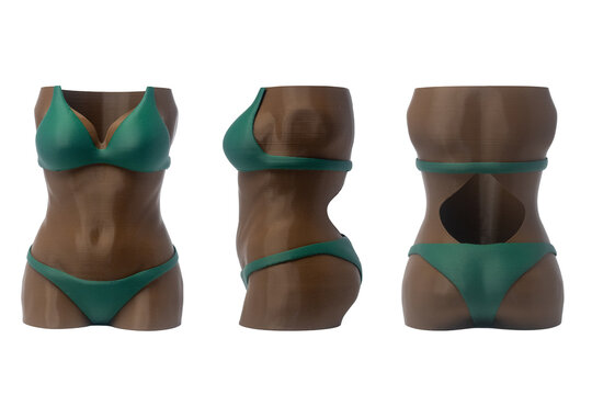 3D printed brown female torso vase in green bikini, modern decorative plant pot and holder