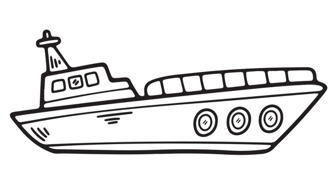 Hand drawn cargo ship vector illustration, black and white doodle of a commercial freight vessel, nautical transport ship icon for coloring