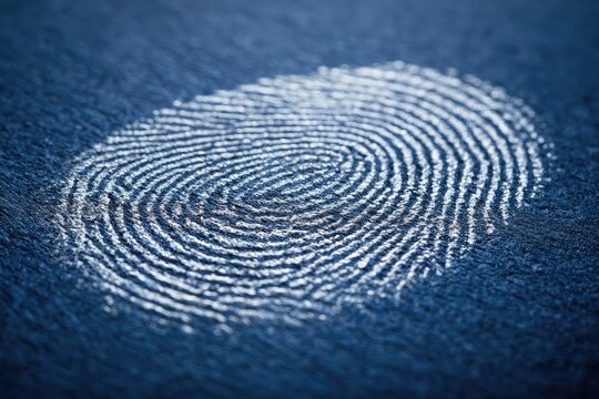 A detailed close-up of a white fingerprint imprint on a textured blue surface