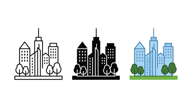 Three stylized city skyline illustrations with different color schemes