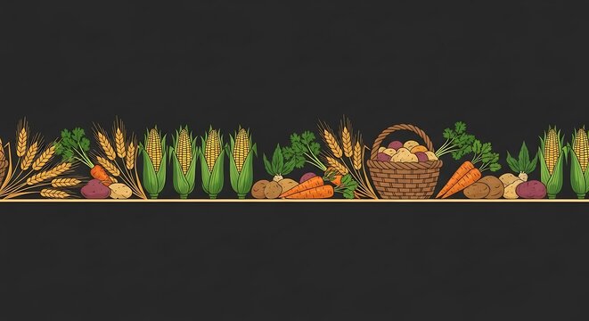 Autumn harvest food border with vegetables and corn on rustic surface, nutrition