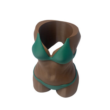 3D printed brown female torso vase in green bikini, modern decorative plant pot and holder